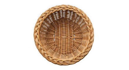 Oval woven wicker basket with braided rim isolated on transparent background