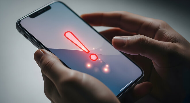 Important notification on a modern smartphone held by a person displaying a bright red exclamation mark for immediate action required illustrating alert caution attention and the