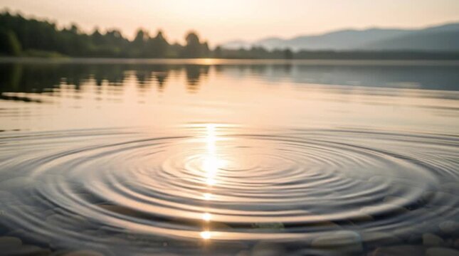 Calm lake water surface with ripple and reflection of sunset and background trees and mountains