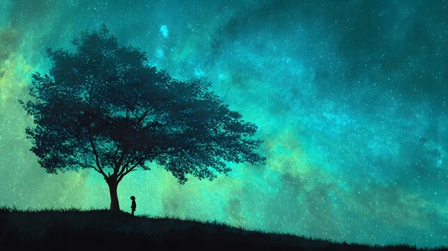 Solitary figure stands beneath a large tree silhouetted against a vibrant turquoise nebula in the night sky - Powered by Adobe