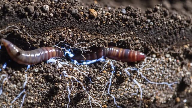 An earthworm tunnels through dark soil surrounded by many white roots creating a small path