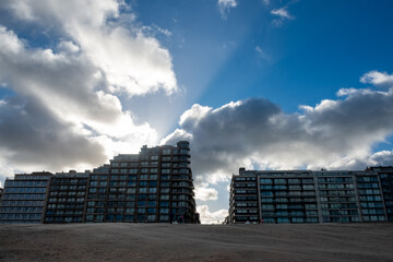 Nieuwpoort, West-Vlaanderen, Belgium, Ocotber 25th, 2025, Urban modern buildings with dramatic features, Architectural scene highlighting geometric forms and expansive sky view