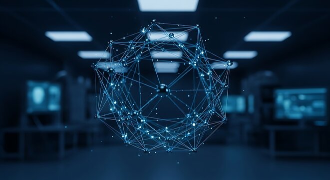 Digital Network Sphere with Glowing Connections in a Futuristic Server Room, Representing Global Data, AI, and Cybersecurity Technology