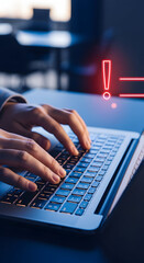 Close up of hands typing on a laptop with an exclamation mark graphic representing a system alert depicting a cybersecurity or technical glitch indicating potential data breach