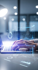 Modern technology interface overlays on hands typing on laptop in a bright office digital future concept with glowing elements creating futuristic visual for innovative solutions