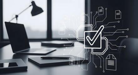 Digital Document Workflow with Check Mark Technology and Laptop Illustration Depicting Data Management and Secure Information Flow in a Modern Office Setting Promoting Efficiency
