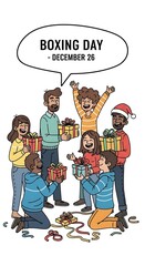 Group of people celebrating boxing day with gifts isolated on white background