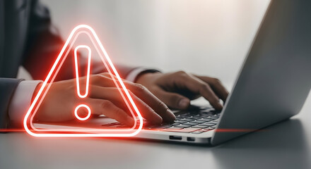 Computer security threat with exclamation mark caution highlighting hacker attack on personal data protection and digital alert for phishing scam vulnerability on system virus
