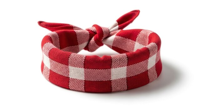 Red and white checkered fabric tied into a circular shape on a white background
