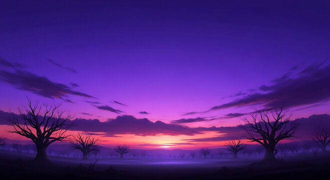 Dramatic Purple Sunset Landscape with Silhouette Trees