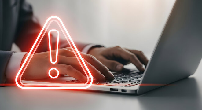 Computer security threat with exclamation mark caution highlighting hacker attack on personal data protection and digital alert for phishing scam vulnerability on system virus