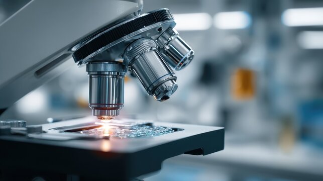 Closeup of a modern microscope in a laboratory setting