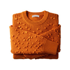 Folded orange knitted sweater with bobble pattern, a cozy and stylish garment isolated on transparent background