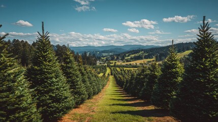 Rows of evergreen trees on a sunny day in a rural landscape