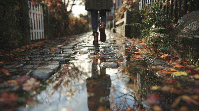A person walking on a cobblestone path, surrounded by autumn foliage with their reflection in a puddle