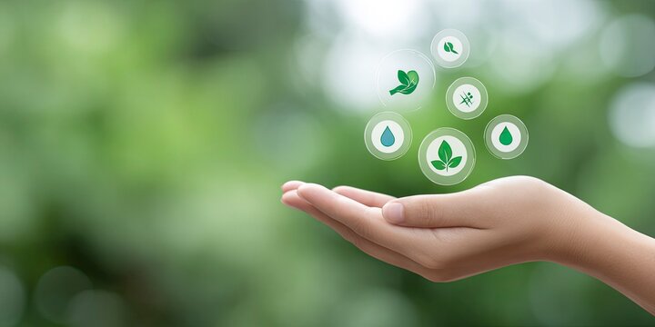 Hand holding environment icons green nature background