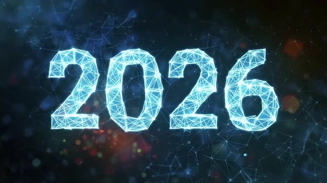 The year 2026 depicted in a glowing blue digital polygonal font against a dark background with a network pattern