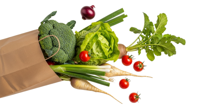 Fresh vegetables spilling out of a brown paper grocery bag isolated on transparent background healthy eating concept