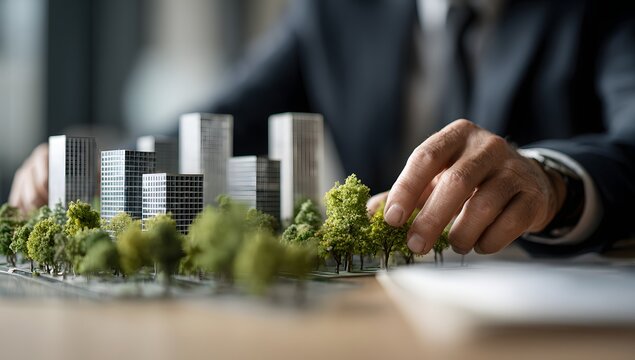 Close up of a real estate agent or architect hands presenting a detailed model of a modern city development with buildings and green spaces - Powered by Adobe
