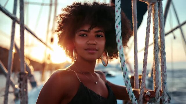 A closeup portrait of a woman with a voluminous afro hairstyle, set against a backdrop of a sunset over a body of water. The womans face is illuminated by the golden light.