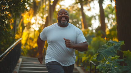 Happy African American obese man running through a lush park up stone steps, active weight management, overcoming obesity. Healthy lifestyle. Weight loss exercises. Fight against obesity. Copy space