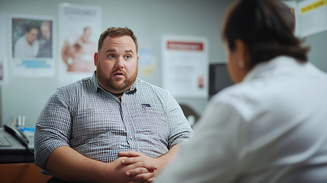 European obese man discusses health concerns with doctor in medical office during a consultation, with informational posters in the background. Fight against obesity. With copy space