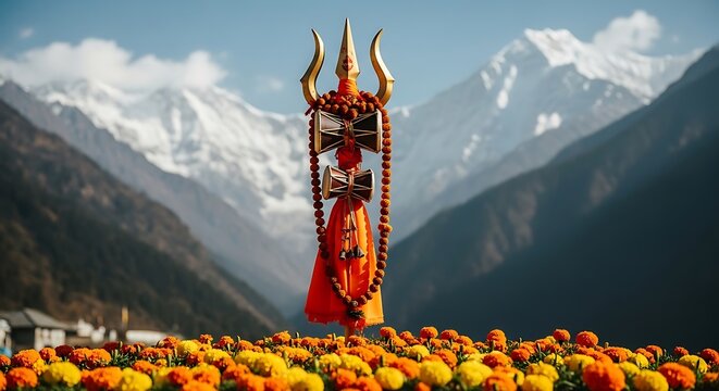 Illustration of a vibrant statue of lord shiva, adorned with garlands and a trident, stands tall amidst a field of marigolds with snowcapped mountains in the background - Powered by Adobe