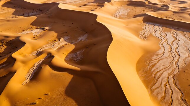 Aerial View of Golden Sand Dunes in Desert with Sunlight and Textured Patterns – Arid Landscape Background