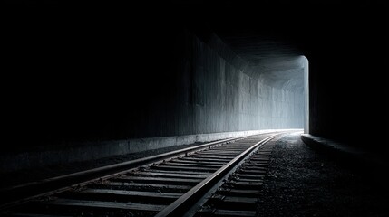 Dark train tunnel with tracks leading to light at the end