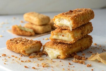 A stack of golden fried mozzarella sticks with melted cheese inside