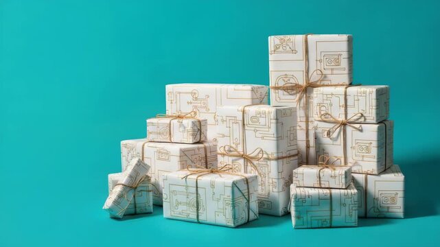 Pile of Christmas presents wrapped in white paper with golden details. Christmas presents assembled in pyramid include various sizes of wrapped gifts, tied with rustic twine.