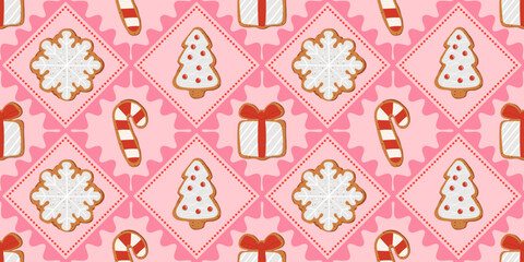 Christmas seamless pattern with gingerbread cookies in the shape of a Christmas tree, candy cane, gift box and snowflakes in glaze. Pink Xmas background for print, fabric, wallpaper or wrapping paper.
