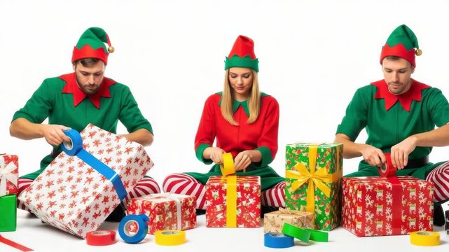 Three festive Christmas elves wrap gifts with colorful paper and ribbons against white backdrop. Preparing presents