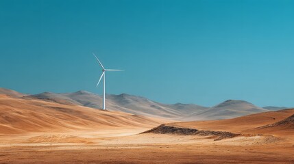 Single wind turbine stands against arid mountain backdrop under clear blue sky
