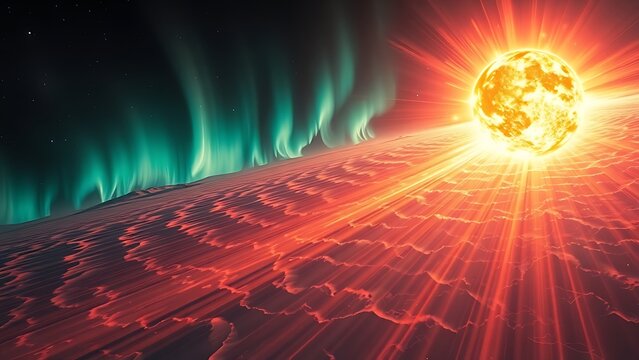 thermosphere. A painterly solar corona explosion with rippling aurora energy cascading toward a small blue planet. STEM education sheets.