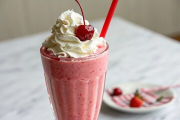 Delicious strawberry milkshake with whipped cream and a bright red maraschino cherry
