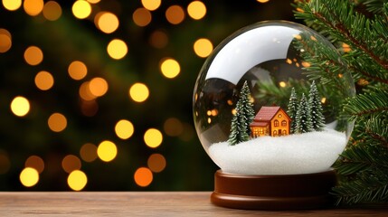 snow globe featuring a quaint house surrounded by trees, illuminated by soft, glowing lights in the background, evokes a cozy, festive atmosphere.