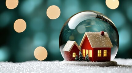  snowy miniature house inside a glass dome, surrounded by soft bokeh lights, creating a cozy, festive atmosphere.