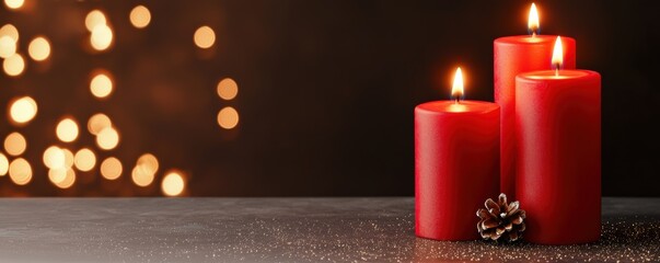 Three red candles glow softly against a dark background with warm bokeh lights, creating a cozy and festive atmosphere.