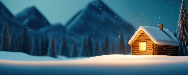 cozy log cabin illuminated in a snowy landscape, surrounded by mountains, creating a serene winter scene.