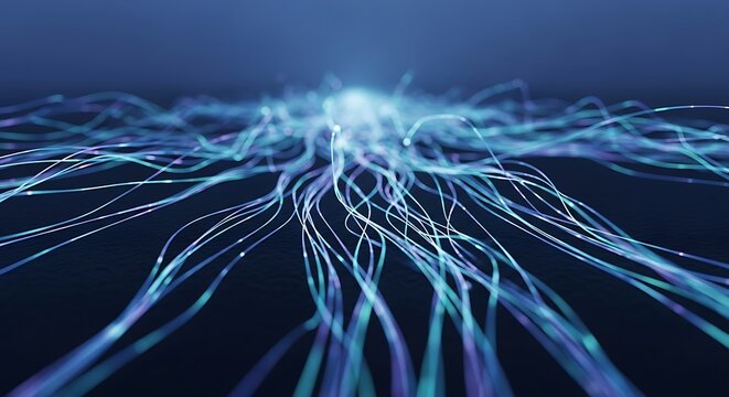 Abstract Glowing Blue and Cyan Digital Data Flow Lines Spreading Outwards, Symbolizing Connectivity, Technology, and Neural Networks