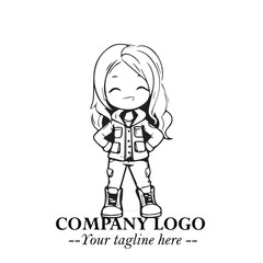 Black and White Chibi Girl Standing in Jacket, Pants, and Boots. Simple Bold Vector Illustration
