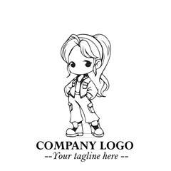 Black and White Chibi Girl Standing in Jacket, Pants, and Boots. Simple Bold Vector Illustration

