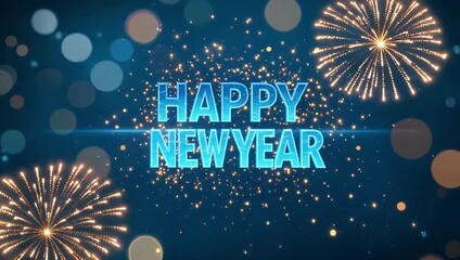 elegant 4k motion graphic featuring text happy new year shimmering blue surrounded flickering bokeh lights particles glitter creating luxurious countdown background perfect festive digital greetings - Powered by Adobe