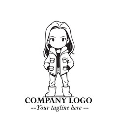 Black and White Chibi Girl Standing in Jacket, Pants, and Boots. Simple Bold Vector Illustration
