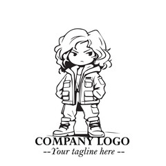 Black and White Chibi Girl Standing in Jacket, Pants, and Boots. Simple Bold Vector Illustration
