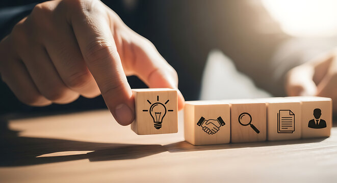 Hand placing wooden block with light bulb icon symbolizing idea generation, next to blocks with handshake, magnifying glass, document, and user icons.