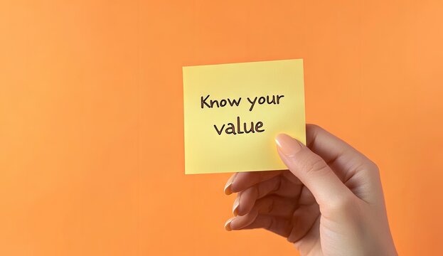 A hand holds a yellow sticky note with the message "Know your value