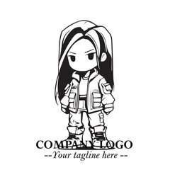 Black and White Chibi Girl Standing in Jacket, Pants, and Boots. Simple Bold Vector Illustration
