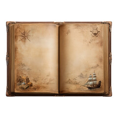 Antique nautical adventure: open old parchment book map with ship illustration for creative design projects